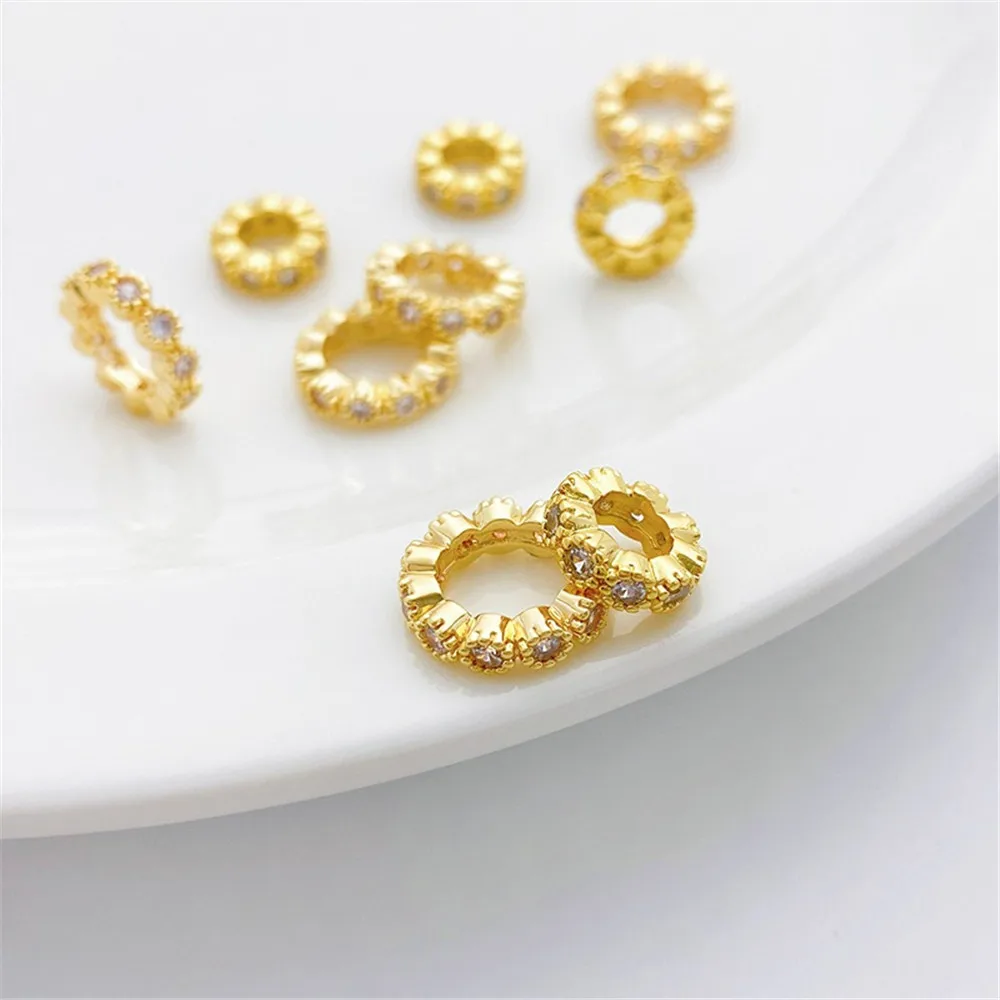 

18K Gold Micro-inlaid Zircon Ring Large Hole Spacer Bead Handmade DIY Bracelet Necklace Jewelry Material Accessories