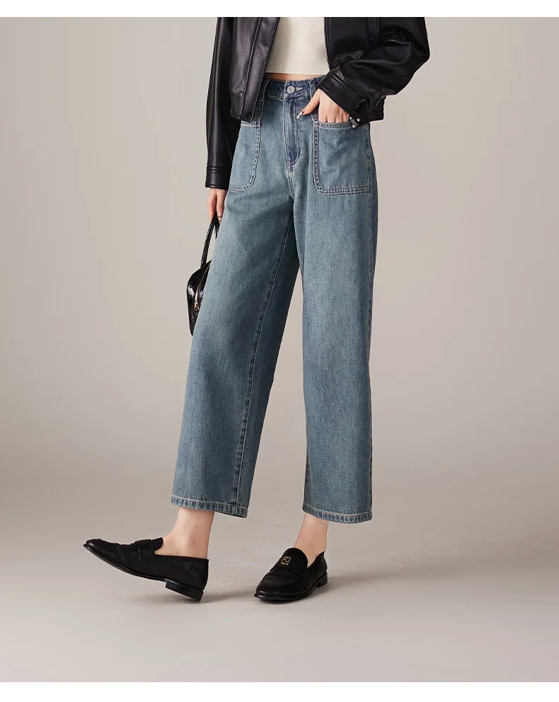 Boweylun Spring and Summer High-waisted Loose Straight Jeans Women Fashion Nine-minute Wide-leg Trousers Ladies