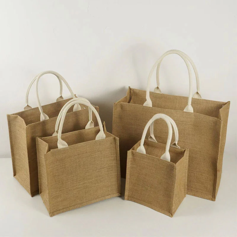 Beige Retro Knitted Long Tea Table Linen Portable Burlap Jute Shopping Handbag Bamboo Loop Handle Tote Women Big Size Beach Bag