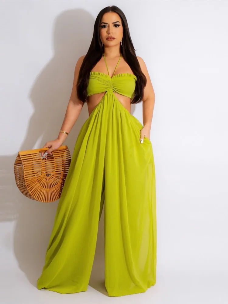 

Sexy Solid Color Backless Lace-up Jumpsuit Woman's Summer Fashion Wrap The Chest Hanging Neck One-piece Pants Ladies Streetwear