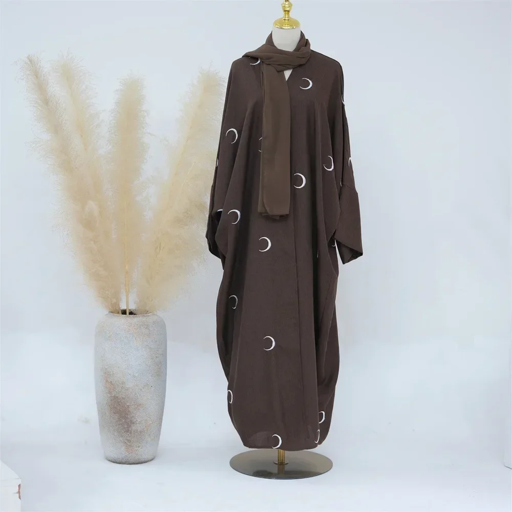 Abaya Linen Kimono Women Moon Embroidery Cardigan Muslim Dress Open Abayas Dubai Hijab Robe Ramadan Eid Islamic Clothing Turkey