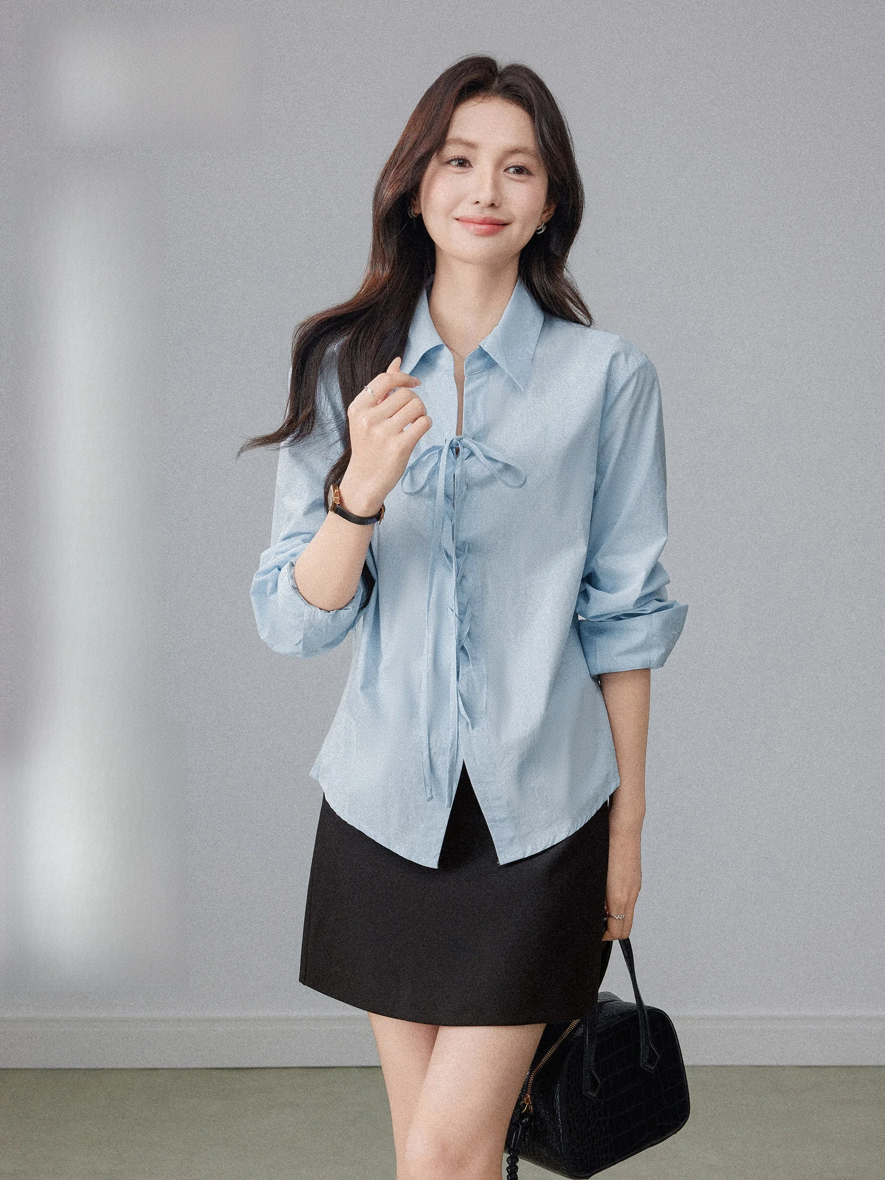 

Blue Long Sve irt Women's Casual Sle Knot Tie Waist Design Spring Faion Korean System Versatile Top