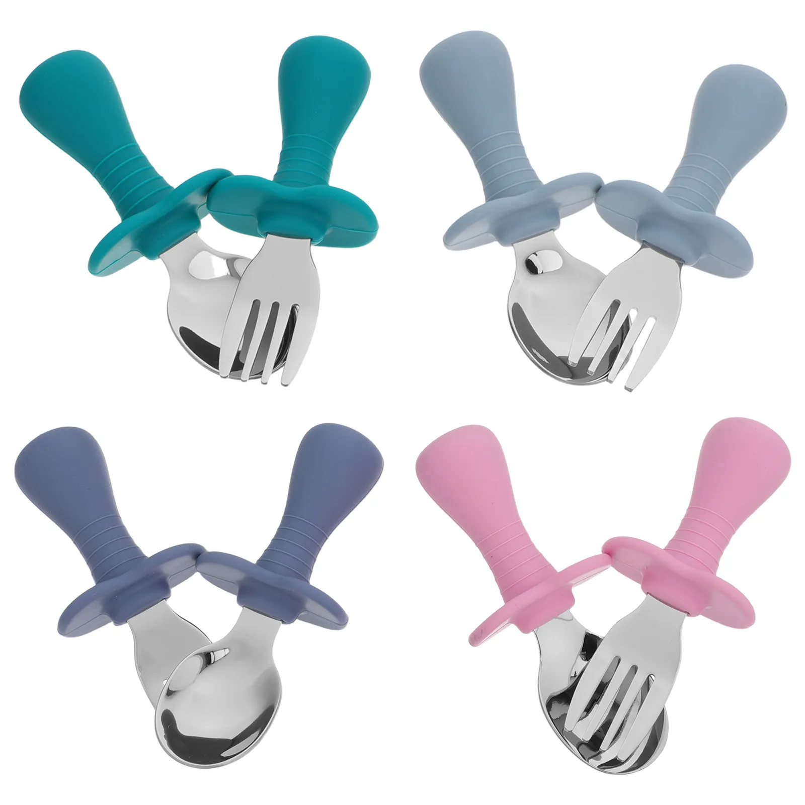 4Pcs Silicone Utensils Set Soft Ergonomic Kids Cutlery for Baby Learning Fork Spoon Feeding Training Microwave Safe