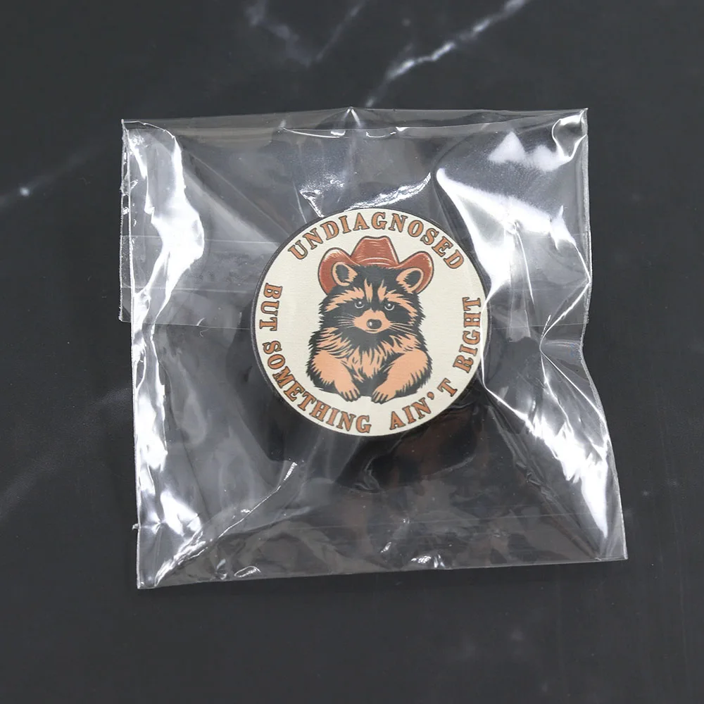 Lustige Waschbär-Emaille-Pin „Nicht diagnostiziert, aber irgendetwas stimmt nicht“ Brosche Niedlicher Cowboy Trash Panda Abzeichen Metall-Anstecknadel Schmuck Geschenk – Detail 9