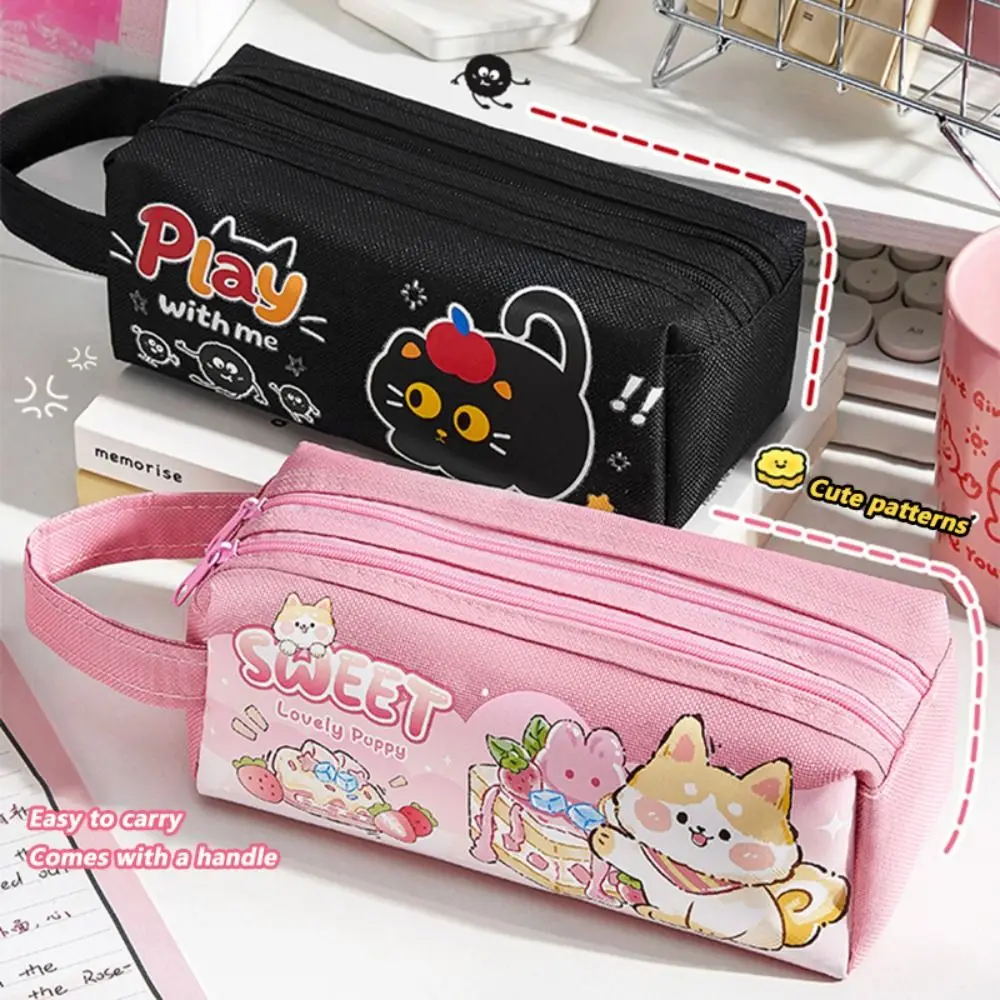 INS Puppy/Kitten Pattern Pen Bag Large Capacity Portable Stationery Bag Double Layers Pencil Case Students
