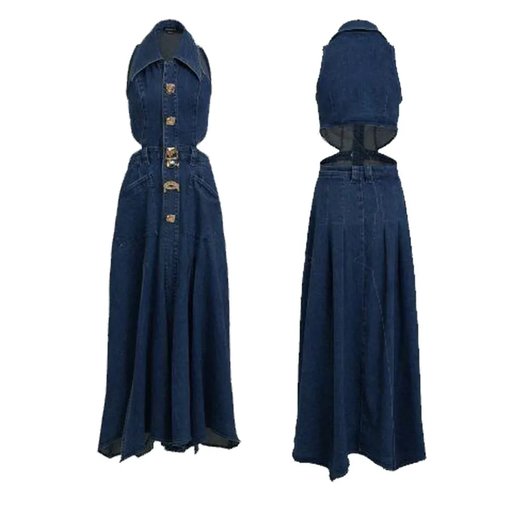 Robe en Denim Ultra Longue pour Femme, Mode Coréenne, Élégante, Taille Découpée, Métal, Simple Boutonnage, Rétro, Bleu, Printemps Été