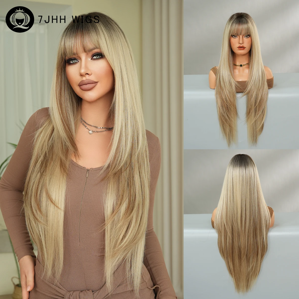 7JHH WIGS Long Straight Layered Champagne Wig for Women Synthetic Modest Fashion Wear and Go Blonde Wigs with Dark Roots
