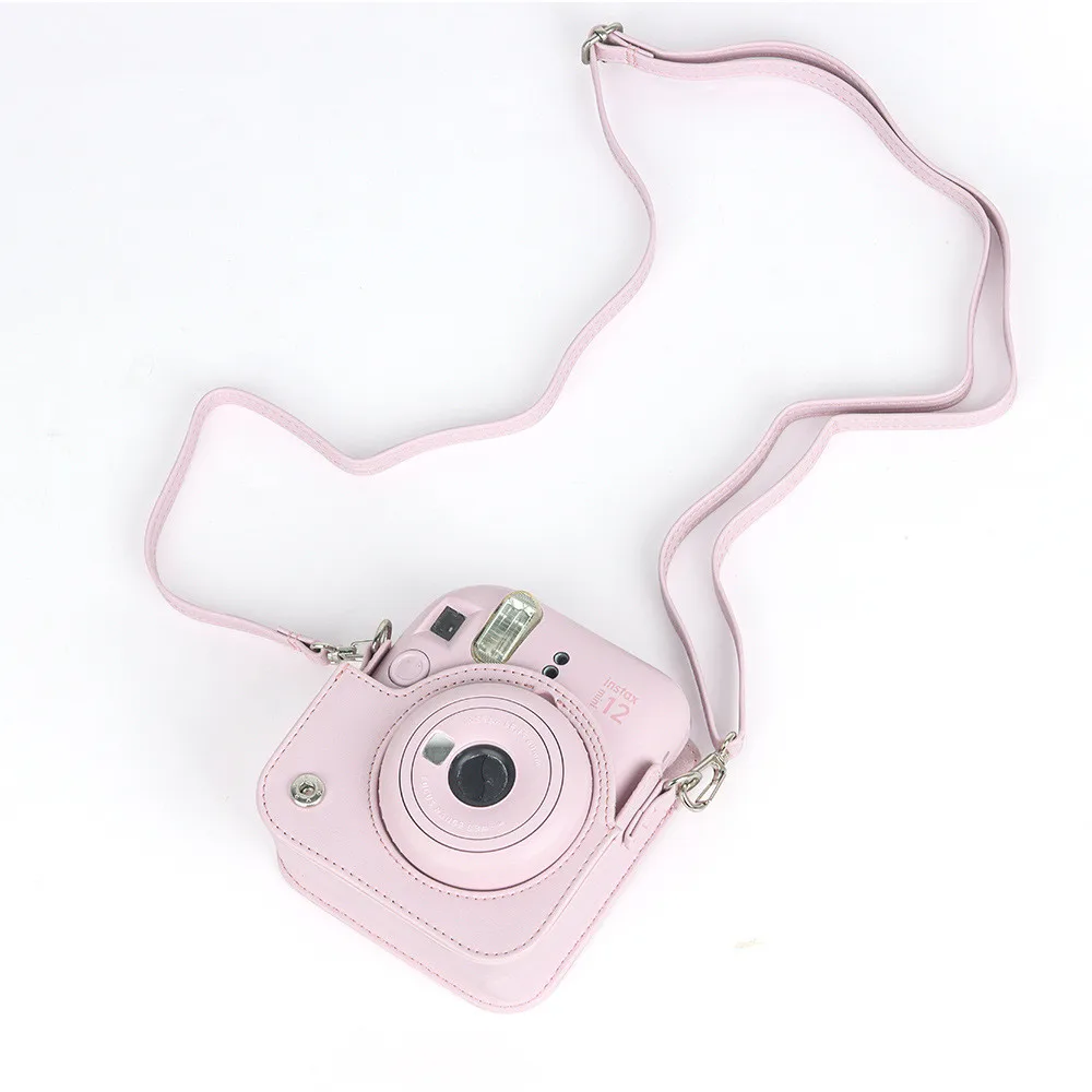 For Fujifilm Film Camera Bag for Instax Mini 12 11 Camera Case PU Leather Soft Silicone Cover Bag with Shoulder Strap Pink