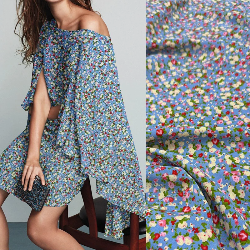 

Small Floral Printed Blue Silk Crepe de Chine Fabric for DIY Sewing Dress Pants Skirt Pajamas Soft Comfortable Silk Fabric R2521