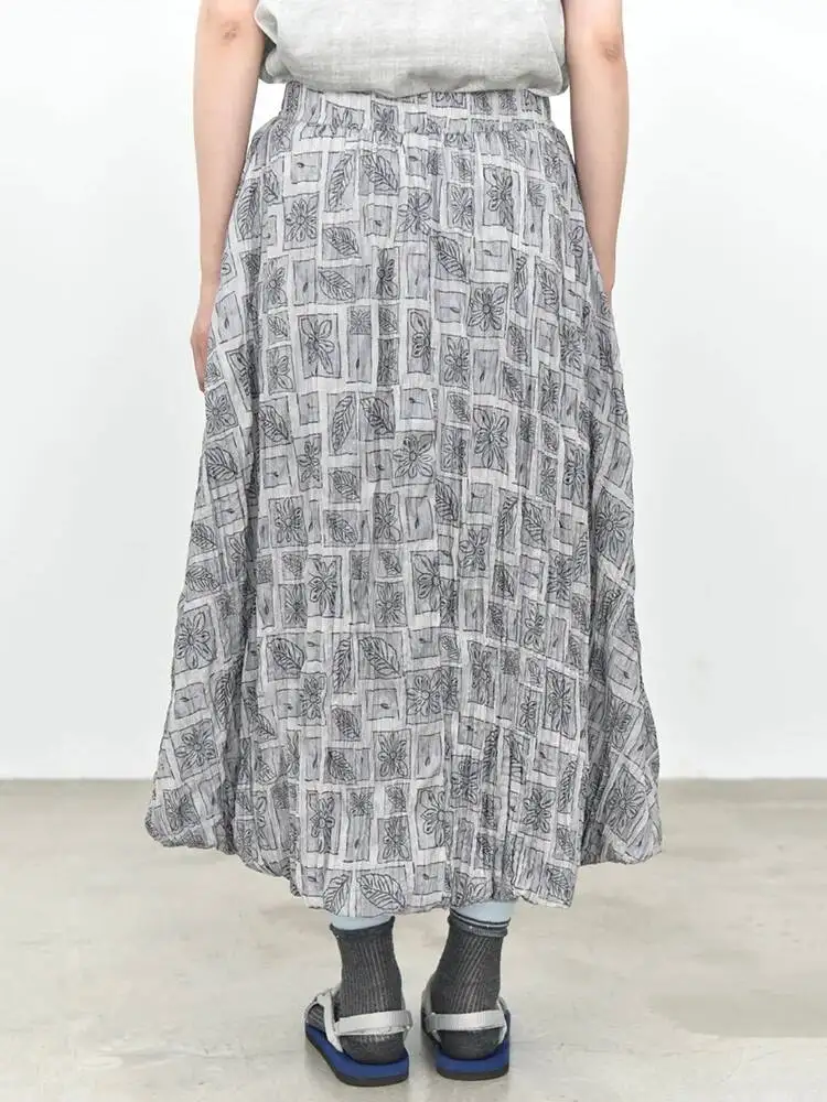 High Elastic Waist Gray Printed Pleated Casual A-line Half-body Skirt Women Fashion Tide New Spring Autumn