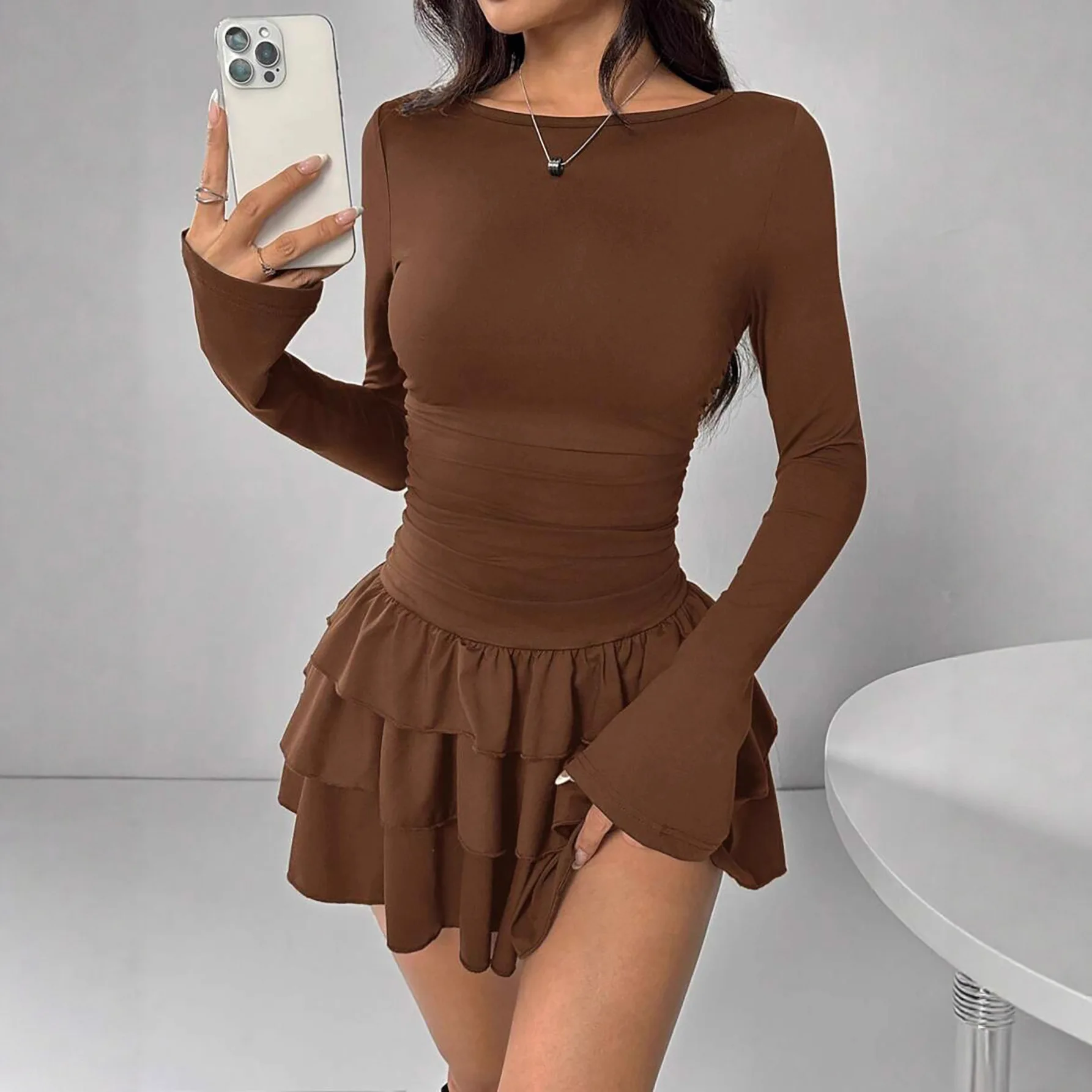 

New Women's Clothing Autumn Winter Solid Color Slim and Thin Temperament Long-sleeved Dress Women's European American
