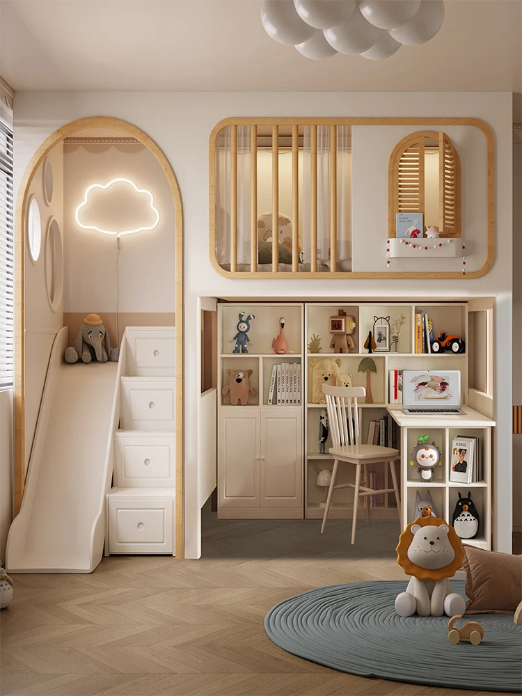 Go to bed and lower cabinet, multi-functional two-story tree house bed, all solid wood with arch, large storage, children's bed,