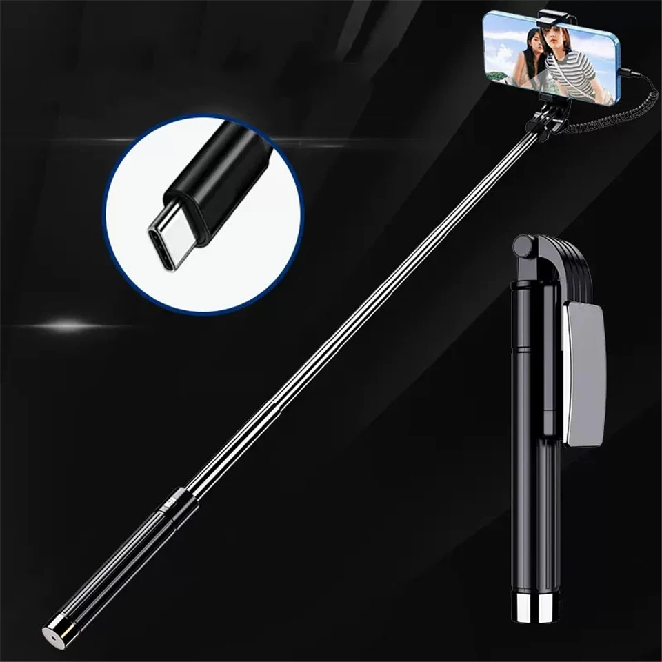 Mobile phone selfie stick 93cm handheld mini wire control bracket 360° automatic rotation Universal phone round hole type-C P59