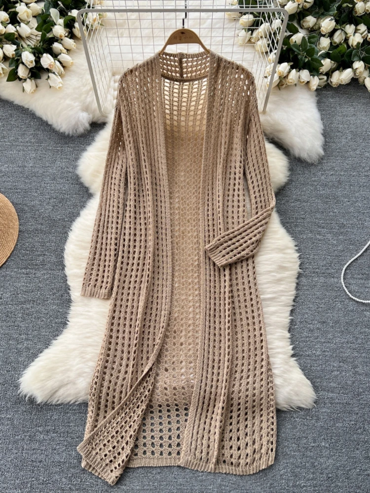 Korean Lazy Style Mid Length Shawl Jacket Women Hollowed Out Knitted Cardigan Paired with Loose Top for Summer Wear