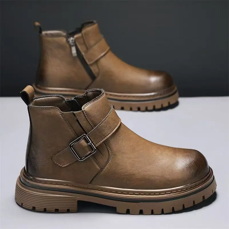 2024 Men's Autumn Winter Leather High Top Tooling Boots Thick Sole Non Slip Zipper British Style High Quality Retro Ankle Boots