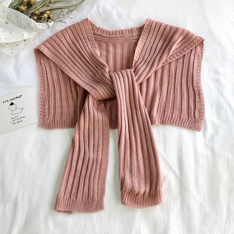 Autumn Korean Knit Warm Shawl Winter Female Blouse Shoulders Fake Collar Cape Knotted Scarf Stripe Neck Guard Scarve For Women