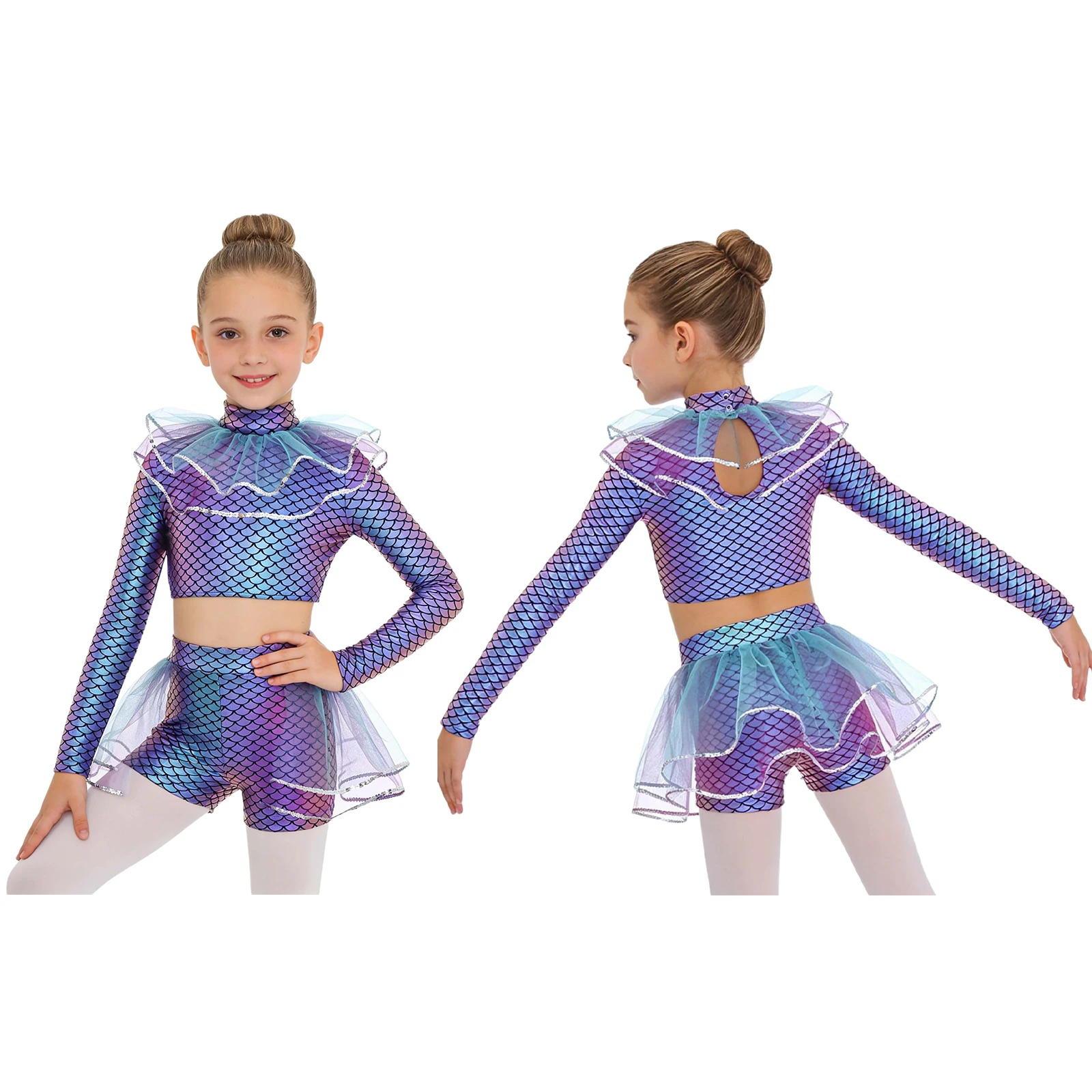 Girls Halloween Mermaid Princess Cosplay Costume Fish Scales Print Mesh Sequins Crop Top with Shorts Skating Ballet Dance Outfit