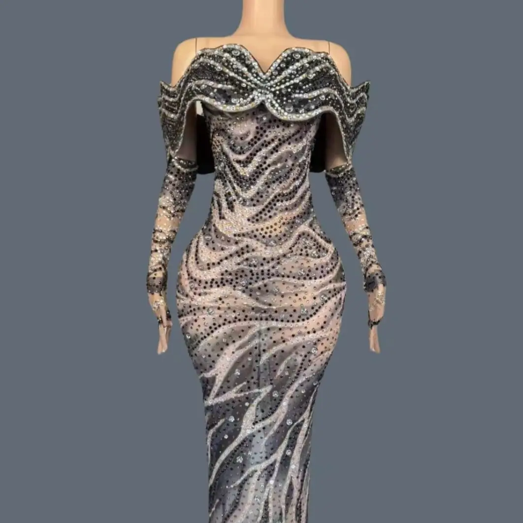 

Birthday Party Sexy Long Dress Gloves Women High-end Sexy Couture Sparkly Rhinestone Elegant Tight Fitting Evening Dress Aorun