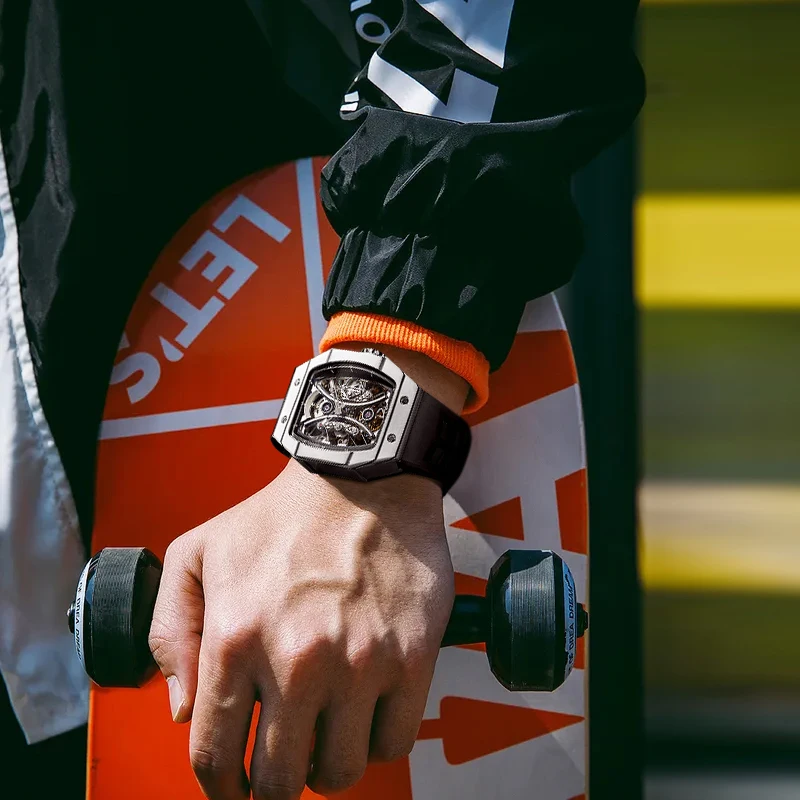 Aesop jam tangan mekanis pria, arloji gerakan Tourbillon Manual serat karbon Stainless Steel karet tahan aus modis 7035