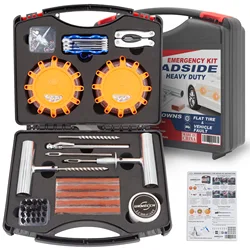 Car Roadside Emergency Tire Repair Kit LED Road Flares Multi-tool Pliers Allen Wrench Tire Pressure Gauge Car Safety Tool Box