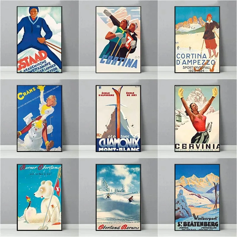 Vintage Ski Travel Posters Alps Mountain Cross-country Canvas Painting Print Picture Wall Art Modern Bedroom Office Room Deco