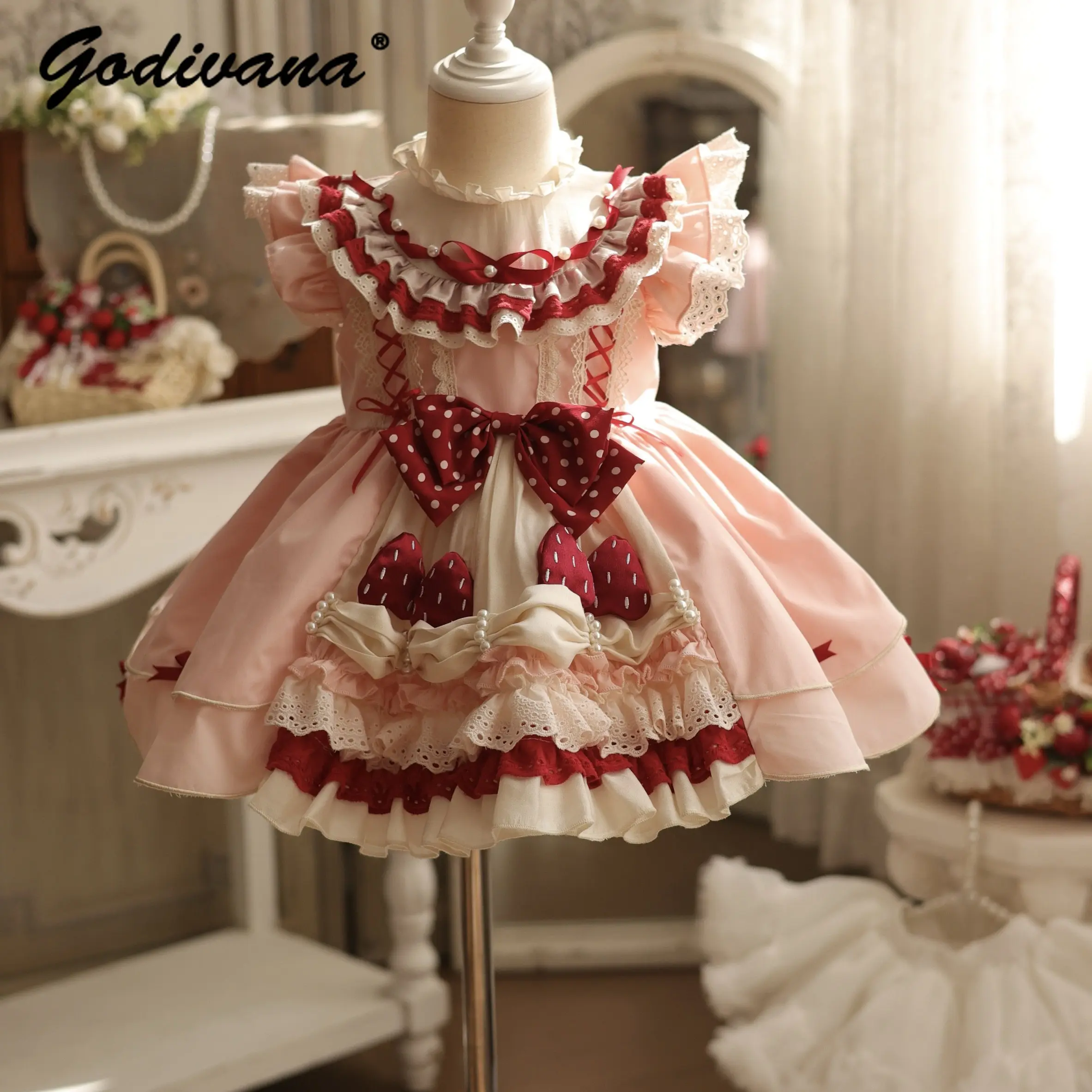 Sweet Baby Girls Cute Strawberry Lolita Cake Dress New Summer 2026 Kids Birthday Party Feifei Sleeve Lace Ruffle Trim Ball Gown