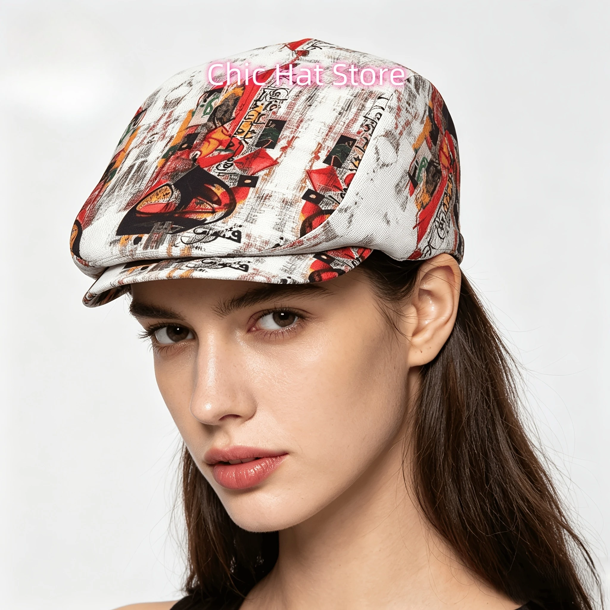Red Black Calligraphy Art Pattern 1pc All-over Print Flat-top Hats for Men and Women, Newsboy Caps, Berets, Irish Hats, Driver C