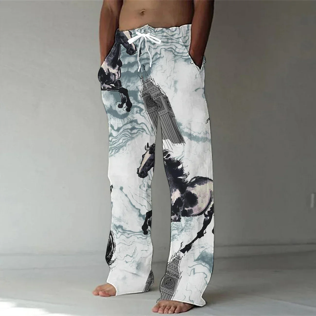 Handsome rabbit print men's pants, daily casual and comfortable bamboo linen, breathable men's casual pants loose hair