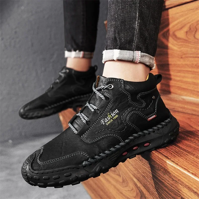 

High Quality Genuine Leather Men Short Boots Handmade Mens Casual Shoes Outdoor Breathable Comfortable Man Walking Sneakers