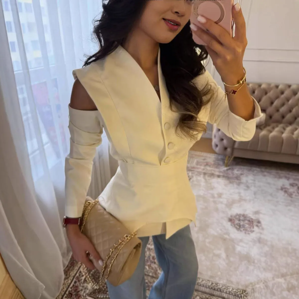 

BJTZ 2026 Spring Autumn Women Slim Asymmetric Blazer Long Sleeve Elegant Fashion Office Work Outerwear Tops