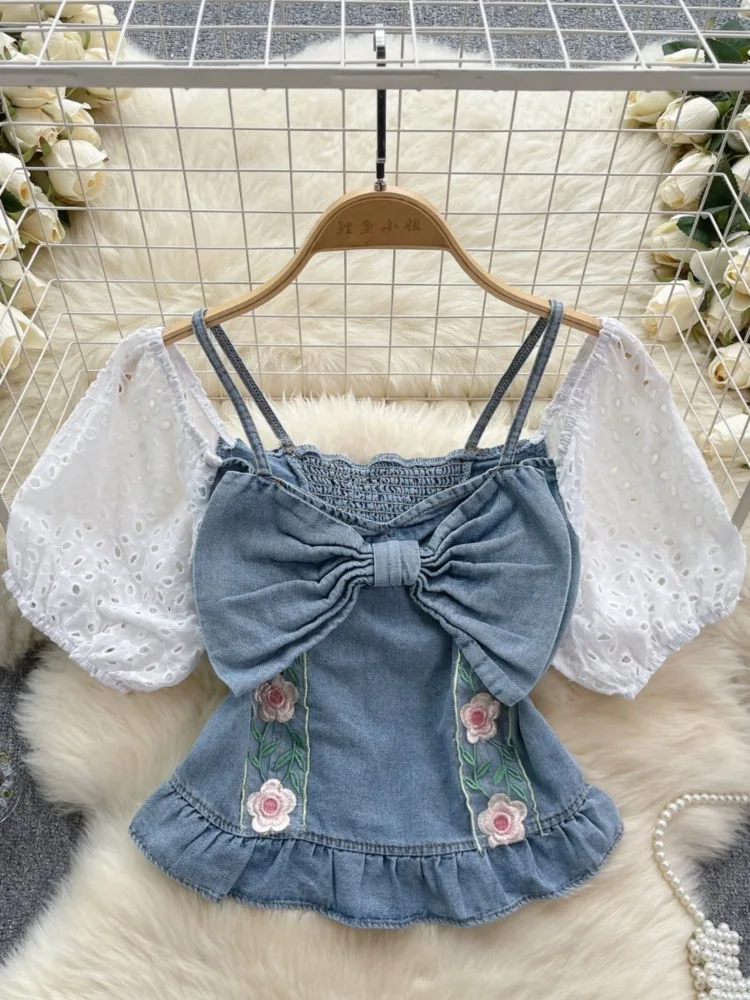 

Summer French Sweet Big Bow Shirt Women 2024 New Vintage Denim Splicing Hollow Puff Sleeve Flowers Ruffled Slim Short Sling Top