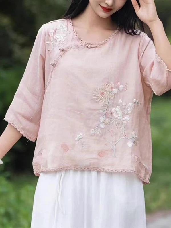 2025年夏新作 レディース 刺繍入り コットンリネン イルト 重工業風 中国禅 スレ 斜めフラップボタン ルーズフィットトップ