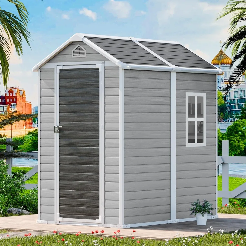 6x4 FT Outdoor Resin Storage Shed with Floor & Lockable Door & Window & Vents Included, Waterproof Outside Plastic Sheds