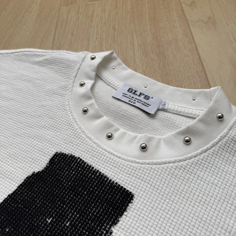 Waffle Chest Text Pattern Cross Portrait Print T Shirt Collar Rivet Label Men Women Black White Loose Short Sleeve Tops Tee