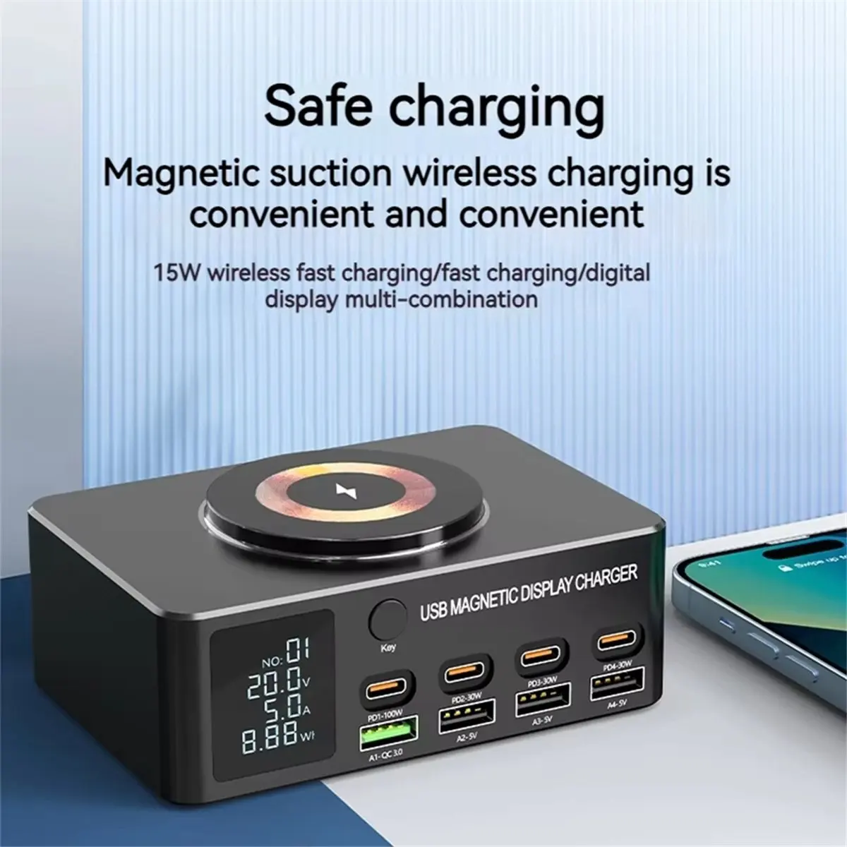 【Charger】 140W 8 Port USB Charger with 15W Magnetic Wireless Charging PD 100W QC 3.0 Charging Station for Laptop Phone EU Plug