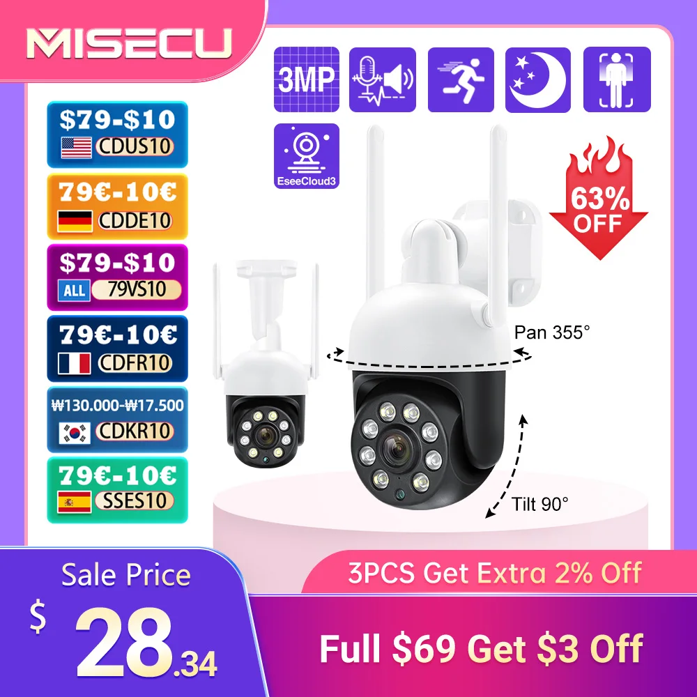 MISECU PTZ WIFI IP Dome Speed 3MP Camera Outdoor Waterproof P2P Wireless Surveillance Security CCTV Camera AI Auto Tracking