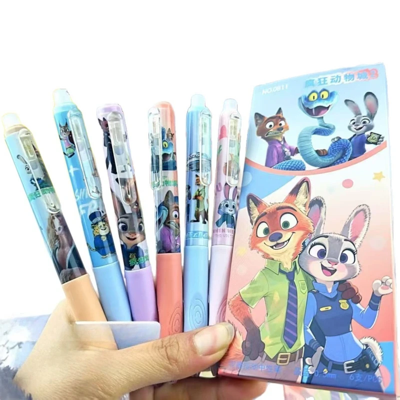 6pcs Disney Zootopia Judy Nick Ballpoint Pen, Push To Press 0.5mm Black Pen, Cartoon Student Stationery Gifts, Office Supplies