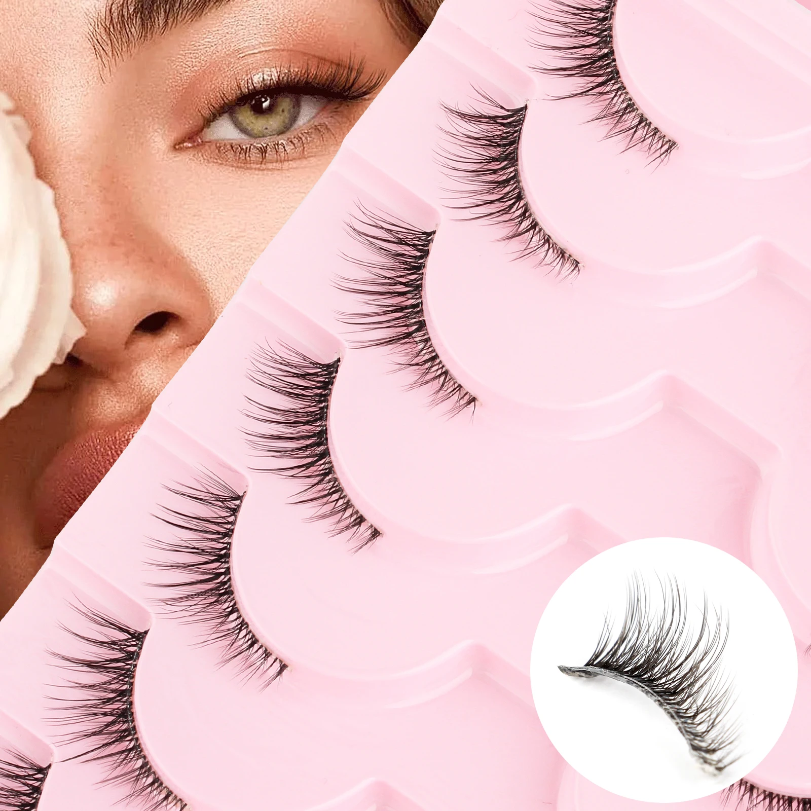 3/5/10ペア ハーフつけまつげ 3Dミンクキャットアイまつげエクステ ナチュラルショートウィングふわふわウィスピーつけまつげ クリアバンド付き