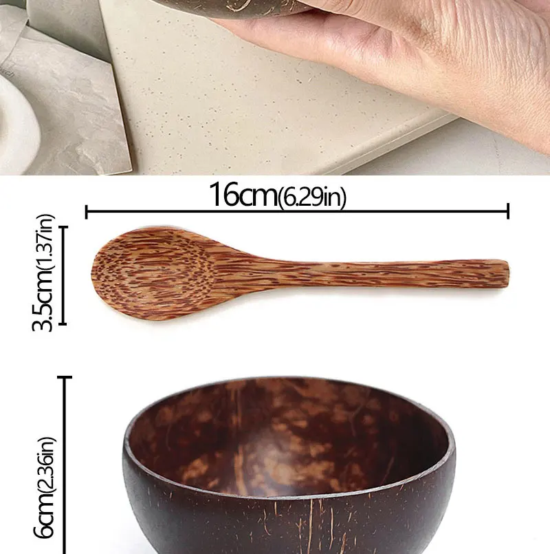 Natürliches Kokosnuss-Schalen-Set Handgefertigtes Holzgeschirr Holzlöffel Dessert-Obst-Salat-Mischschale Ramen-Aufbewahrungsschale Küchengeschirr – Detail 2