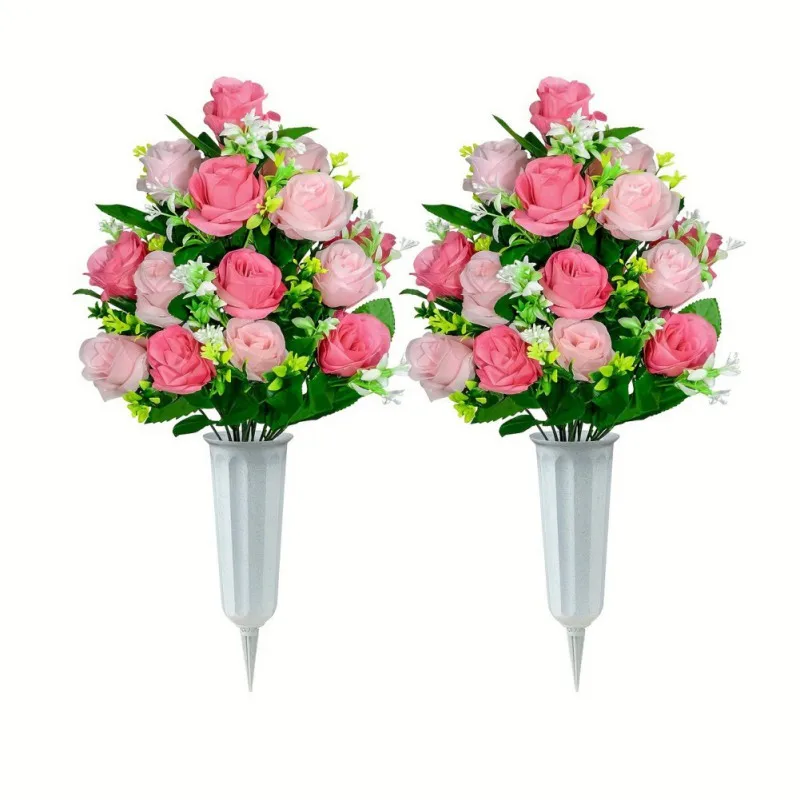 2PC Artificial Cemetery Flowers Grave Memorial Flowers with Vase for Cemetery Headstones Decoration Flower Marker Decor