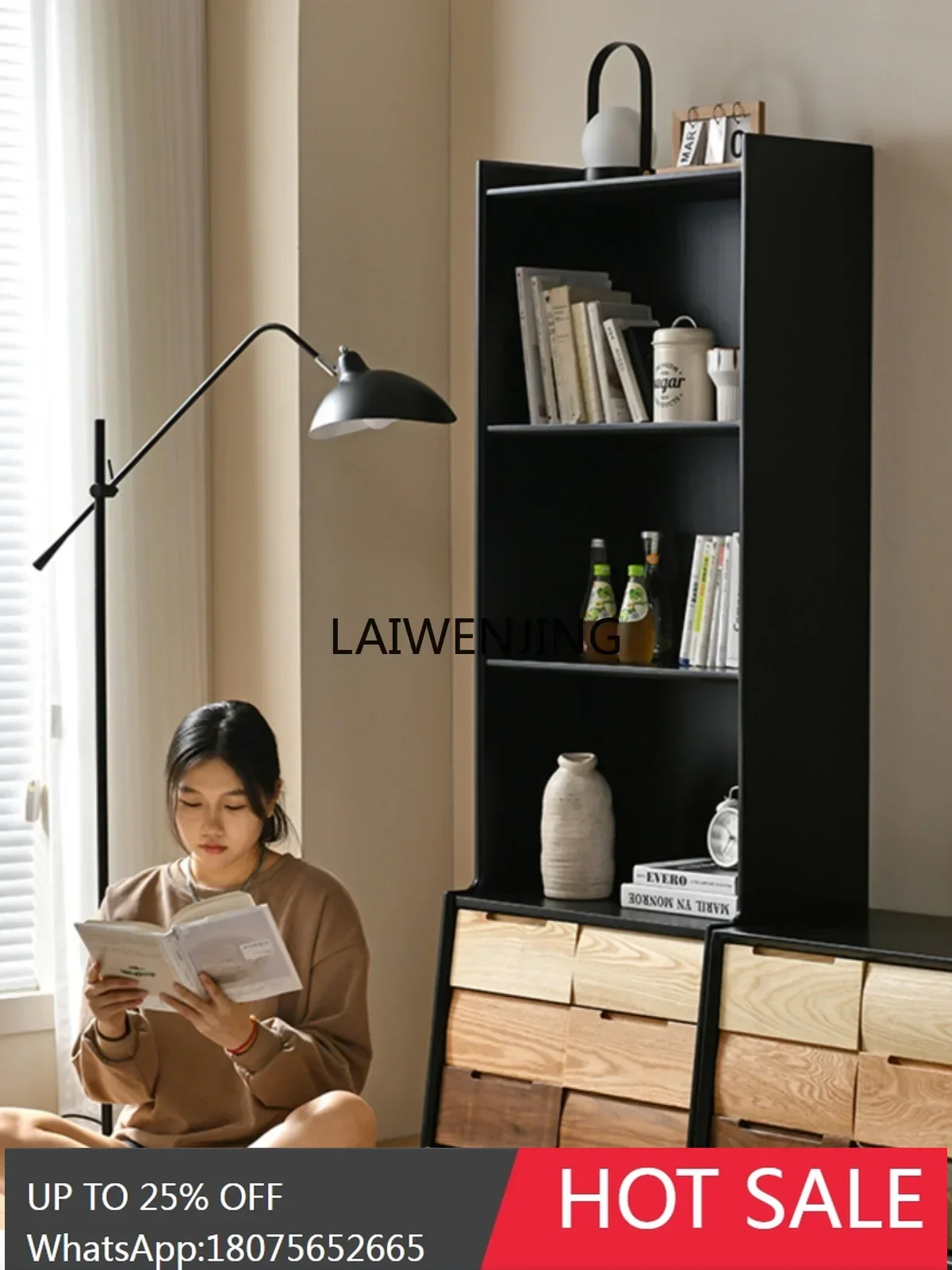 Pure solid wood bookshelf bookcase floor-to-ceiling integrated wall shelf sofa bedroom storage side cabinet