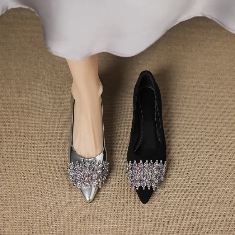 

Rhinestone black wedge heel shoes women's 2024 new autumn 3CM low heel French temperament full sheepskin single shoes