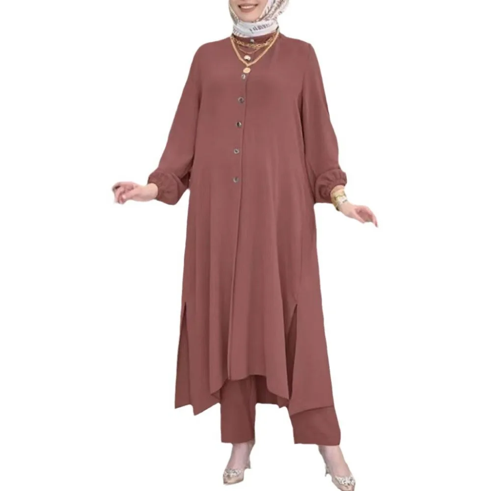 

Muslim Dress for Women Blouse 2 Piece Set Long Sleeve Abaya Shirt Wide Leg Pant Suits Arabic Dubai Dresses Musulman Ensembles