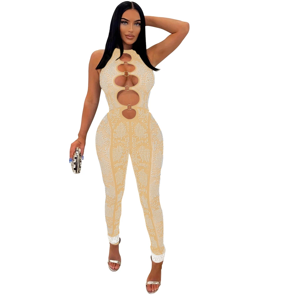 Women Sexy See Through Hot Drilling Bodycon Romper 2022 Fashion Overalls Party Clubwear Mesh Patchwork Cut Out Jumpsuits