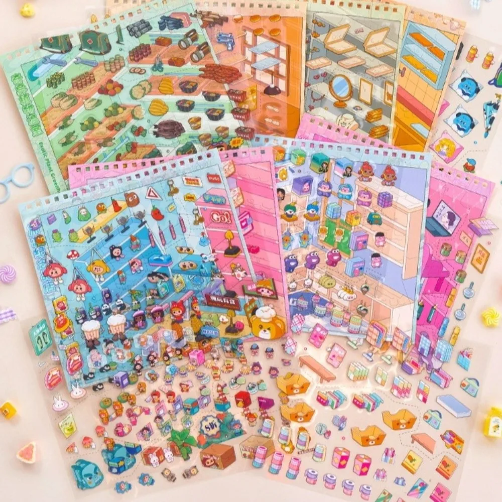 Shop Theme Miniature Scene Sticker PET Die-cut Stationery Scene Sticker Book 10 Scenes Jewelry Clothing 3D Mni Cabin Stickers