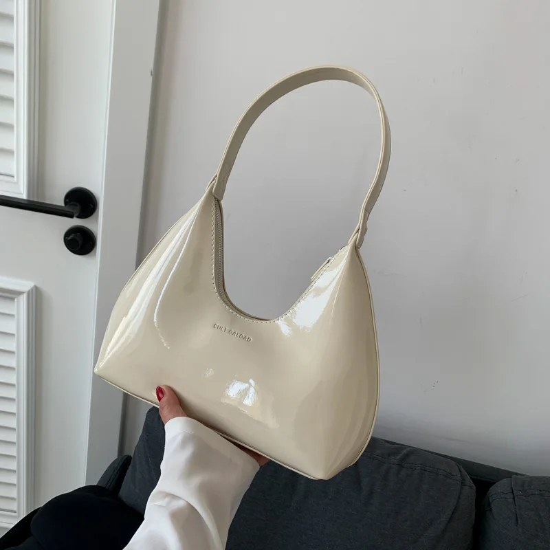 Bolso de mano de charol Retro para mujer, bolso de axila burdeos, bolso de media luna brillante Simple, bolso de hombro versátil, nicho francés, nuevo