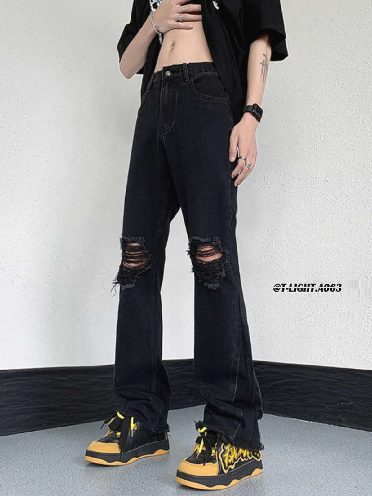 

Trendy Retro American High Street Men's Jeans Hollow out Micro Spicy Straight Leg Large Size Black Summer Thin Cotton Denim