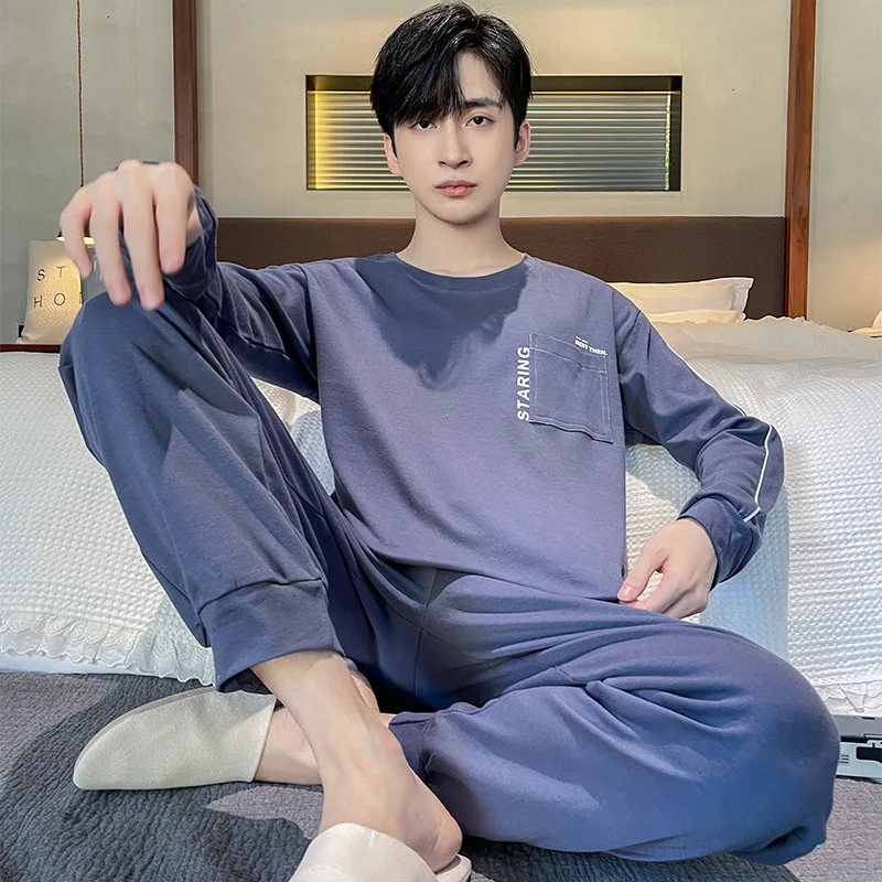 

Teenage Long-sleeved Long Pants Men's Pajamas Simple Home Wear Thin Cotton Big Yards in The Fall and Winter Warmth Leisure Suit