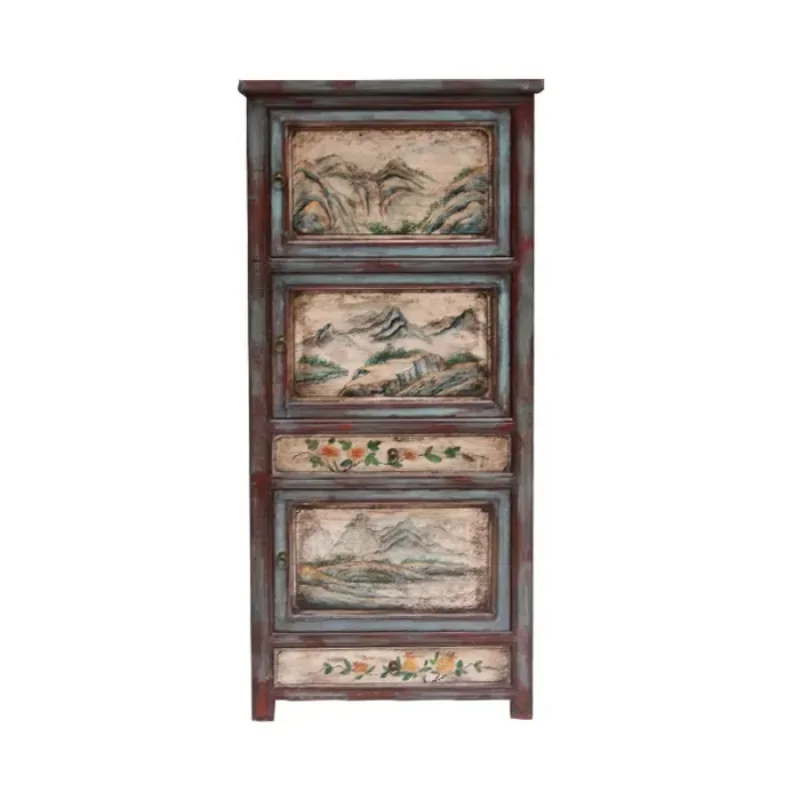 Chinese antique classic retro reproduction hand-painted imitation old gray solid wood wardrobe