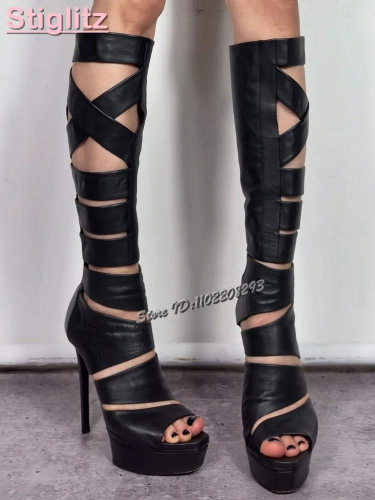 

Sexy Cross Straps Platform Sandals Black Peep Toe Hollow Stiletto Knee-high Boots Fashion Women Dress Shoes Summer New 2025